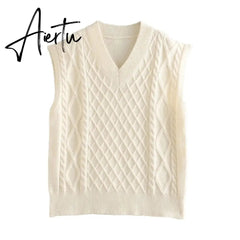 Aiertu New Spring Winter Women Cable-Knit Sweater Vest Oversized V-Neck Woman Sweaters Casual Fashion Elegant Lady Pullover Tops Aiertu