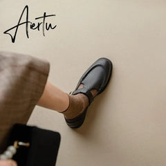 Aiertu NEW Spring Women's Pumps Genuine Leather Shoes for Women Round Toe Chunky Heel Shoes Retro Low Heel Mary Janes Retro Brown Shoes Aiertu
