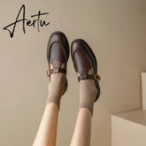 Aiertu NEW Spring Women's Pumps Genuine Leather Shoes for Women Round Toe Chunky Heel Shoes Retro Low Heel Mary Janes Retro Brown Shoes Aiertu