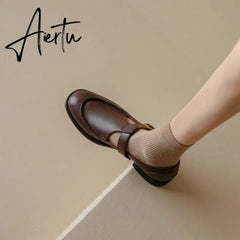Aiertu NEW Spring Women's Pumps Genuine Leather Shoes for Women Round Toe Chunky Heel Shoes Retro Low Heel Mary Janes Retro Brown Shoes Aiertu