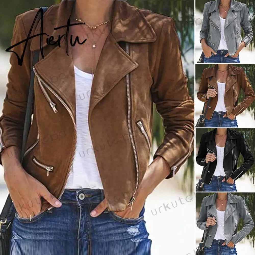 Aiertu New style women's jacket autumn and winter new style lapel zipper short women's jacket coat women Aiertu