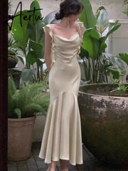Aiertu New Summer French Fashion Women Spaghetti Strap Elegant Long Mermaid Ruffles Dresses Evening Party Prom Clothes Aiertu