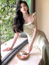 Aiertu New Summer French Fashion Women Spaghetti Strap Elegant Long Mermaid Ruffles Dresses Evening Party Prom Clothes Aiertu