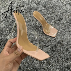 Aiertu New Summer Pumps Fashion Sandals Crystal Strange Style High Heels Square toe Femal Women Flip-flop Slipper Shoes Woman Aiertu