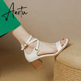Aiertu NEW Summer Shoes Women Round Toe Chunky Heel Sandals Women Cow Leather Solid Cover Heel Shoes for Women Beige/Black Chic Shoes Aiertu