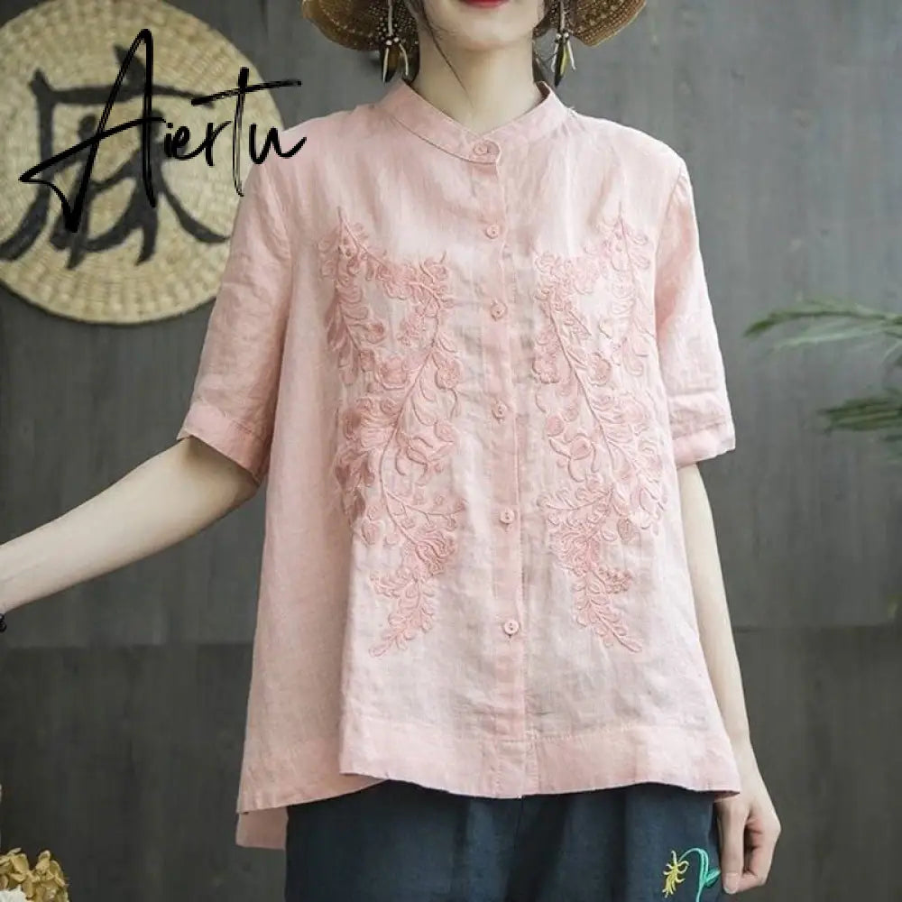 Aiertu New Summer Style Women Shirt Plus Size Short Sleeve Loose Embroidery Cotton Linen Blouse Big Ladies Tops Femme Blusas MGZ2 Aiertu