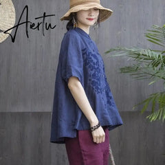 Aiertu New Summer Style Women Shirt Plus Size Short Sleeve Loose Embroidery Cotton Linen Blouse Big Ladies Tops Femme Blusas MGZ2 Aiertu