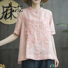 Aiertu New Summer Style Women Shirt Plus Size Short Sleeve Loose Embroidery Cotton Linen Blouse Big Ladies Tops Femme Blusas MGZ2 Aiertu