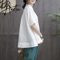 Aiertu New Summer Style Women Shirt Plus Size Short Sleeve Loose Embroidery Cotton Linen Blouse Big Ladies Tops Femme Blusas MGZ2 Aiertu