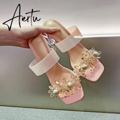 Aiertu New Summer Transparent Slippers Women Fashion Open Toe Crystal Wedges High Heels Female Slides Flower Sandals for Womens Aiertu