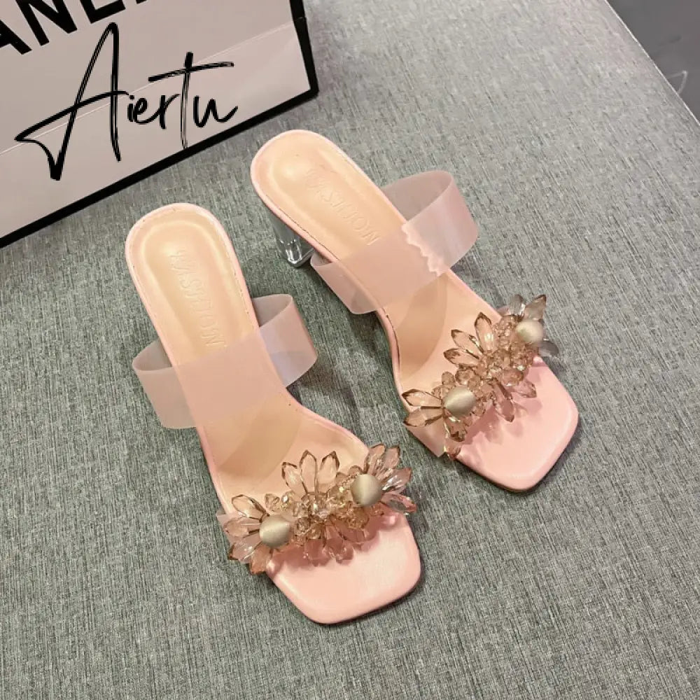 Aiertu New Summer Transparent Slippers Women Fashion Open Toe Crystal Wedges High Heels Female Slides Flower Sandals for Womens Aiertu