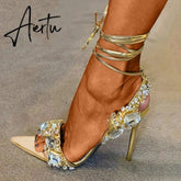 Aiertu New Summer Women Sandals Female Pu Pointed Toe Crystal Fashion Pumps Ladies Solid Thin High Ankle Strap Sexy Shoes Aiertu