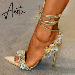 Aiertu New Summer Women Sandals Female Pu Pointed Toe Crystal Fashion Pumps Ladies Solid Thin High Ankle Strap Sexy Shoes Aiertu