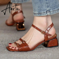 Aiertu New Summer Women's Sandals Genuine Leather Buckle Strap Women Shoes size 33-40 Solid Concise Ankle-Wrap Party Ladies Shoes Aiertu