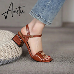 Aiertu New Summer Women's Sandals Genuine Leather Buckle Strap Women Shoes size 33-40 Solid Concise Ankle-Wrap Party Ladies Shoes Aiertu