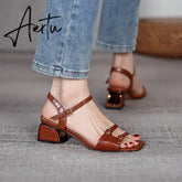 Aiertu New Summer Women's Sandals Genuine Leather Buckle Strap Women Shoes size 33-40 Solid Concise Ankle-Wrap Party Ladies Shoes Aiertu