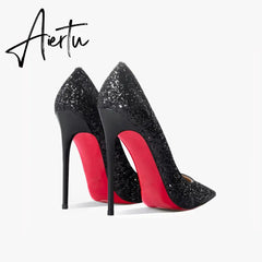 Aiertu New Super Pointed Pumps Women's Thin Heels Black Silver Sequins Sexy Fashion Single Shoes Aiertu