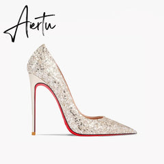 Aiertu New Super Pointed Pumps Women's Thin Heels Black Silver Sequins Sexy Fashion Single Shoes Aiertu