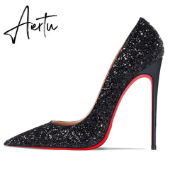 Aiertu New Super Pointed Pumps Women's Thin Heels Black Silver Sequins Sexy Fashion Single Shoes Aiertu