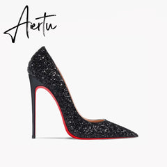 Aiertu New Super Pointed Pumps Women's Thin Heels Black Silver Sequins Sexy Fashion Single Shoes Aiertu