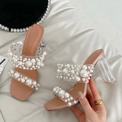 Aiertu New Transparent PVC String Bead Shoes Woman Fashion Open Toe Slippers Crystal Perspex Heels Slides Beach Sandale Femme Aiertu