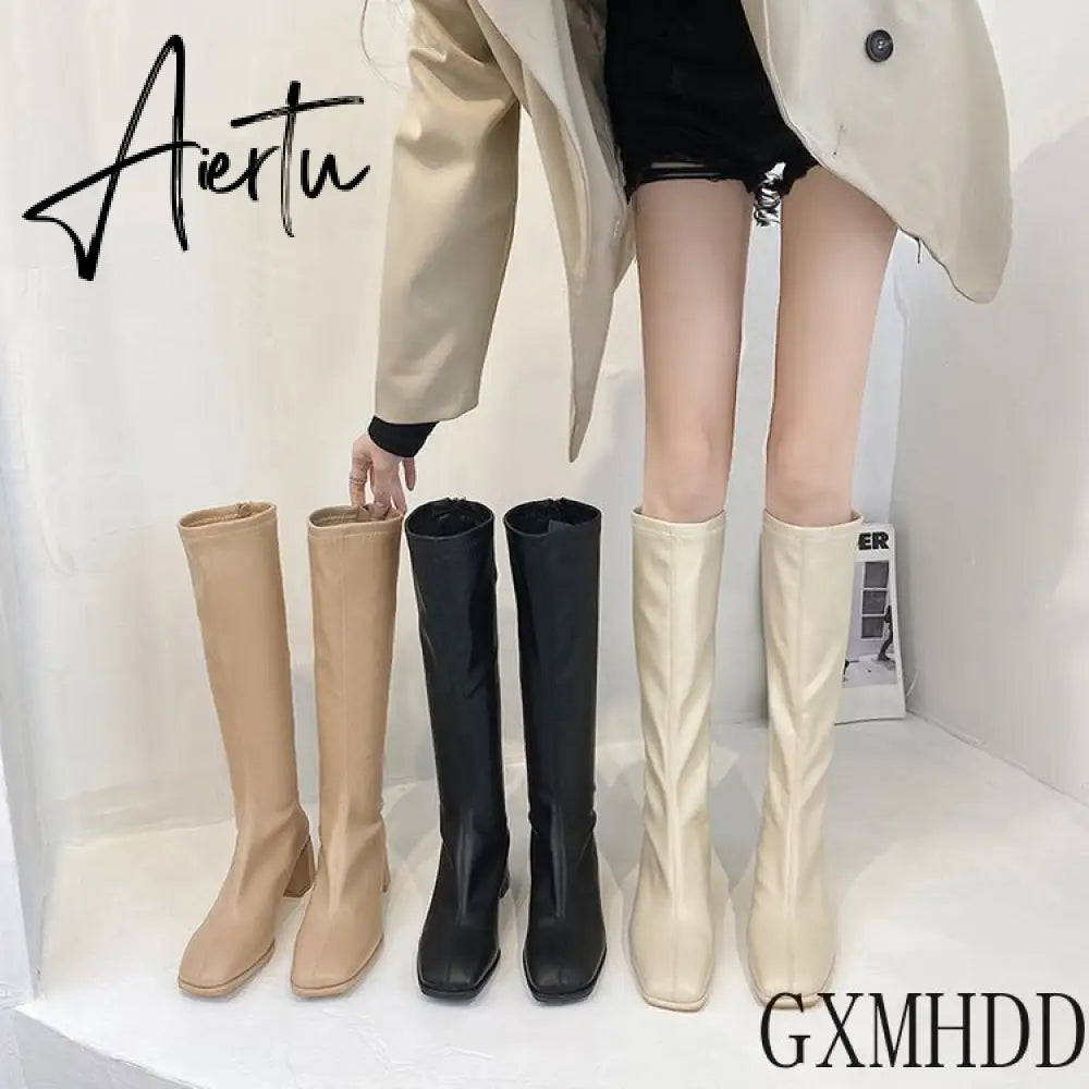 Aiertu New Winter Style with Fleece Medium Chunky Heel Knight Boots Women's High Tube Thinner-looked High Heel Shorty Long Boots Aiertu