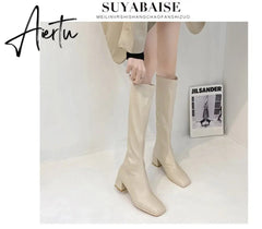 Aiertu New Winter Style with Fleece Medium Chunky Heel Knight Boots Women's High Tube Thinner-looked High Heel Shorty Long Boots Aiertu