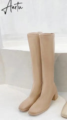 Aiertu New Winter Style with Fleece Medium Chunky Heel Knight Boots Women's High Tube Thinner-looked High Heel Shorty Long Boots Aiertu