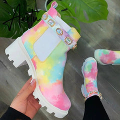 Aiertu New Women Ankle Boots Crystal Rhinestone Slip On Platform PU Leather Women's Booties Spring Autumn Females Footwear Plus Si Aiertu