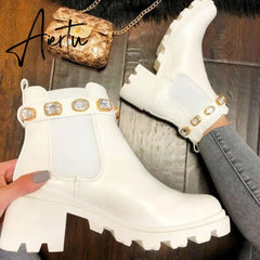Aiertu New Women Ankle Boots Crystal Rhinestone Slip On Platform PU Leather Women's Booties Spring Autumn Females Footwear Plus Si Aiertu