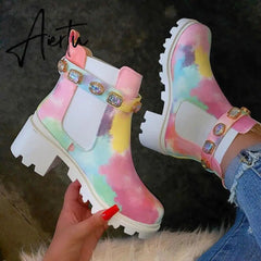 Aiertu New Women Ankle Boots Crystal Rhinestone Slip On Platform PU Leather Women's Booties Spring Autumn Females Footwear Plus Si Aiertu