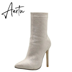 Aiertu New Women Ankle Boots Plus Size 35-42 Rhinestones High Heels Shoes Woman Zip Pointed Toe Sexy Motorcycle Boots for Females Aiertu