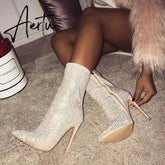 Aiertu New Women Ankle Boots Plus Size 35-42 Rhinestones High Heels Shoes Woman Zip Pointed Toe Sexy Motorcycle Boots for Females Aiertu