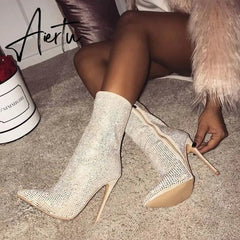 Aiertu New Women Ankle Boots Plus Size 35-42 Rhinestones High Heels Shoes Woman Zip Pointed Toe Sexy Motorcycle Boots for Females Aiertu