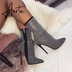 Aiertu New Women Ankle Boots Plus Size 35-42 Rhinestones High Heels Shoes Woman Zip Pointed Toe Sexy Motorcycle Boots for Females Aiertu