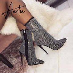 Aiertu New Women Ankle Boots Plus Size 35-42 Rhinestones High Heels Shoes Woman Zip Pointed Toe Sexy Motorcycle Boots for Females Aiertu