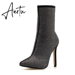 Aiertu New Women Ankle Boots Plus Size 35-42 Rhinestones High Heels Shoes Woman Zip Pointed Toe Sexy Motorcycle Boots for Females Aiertu
