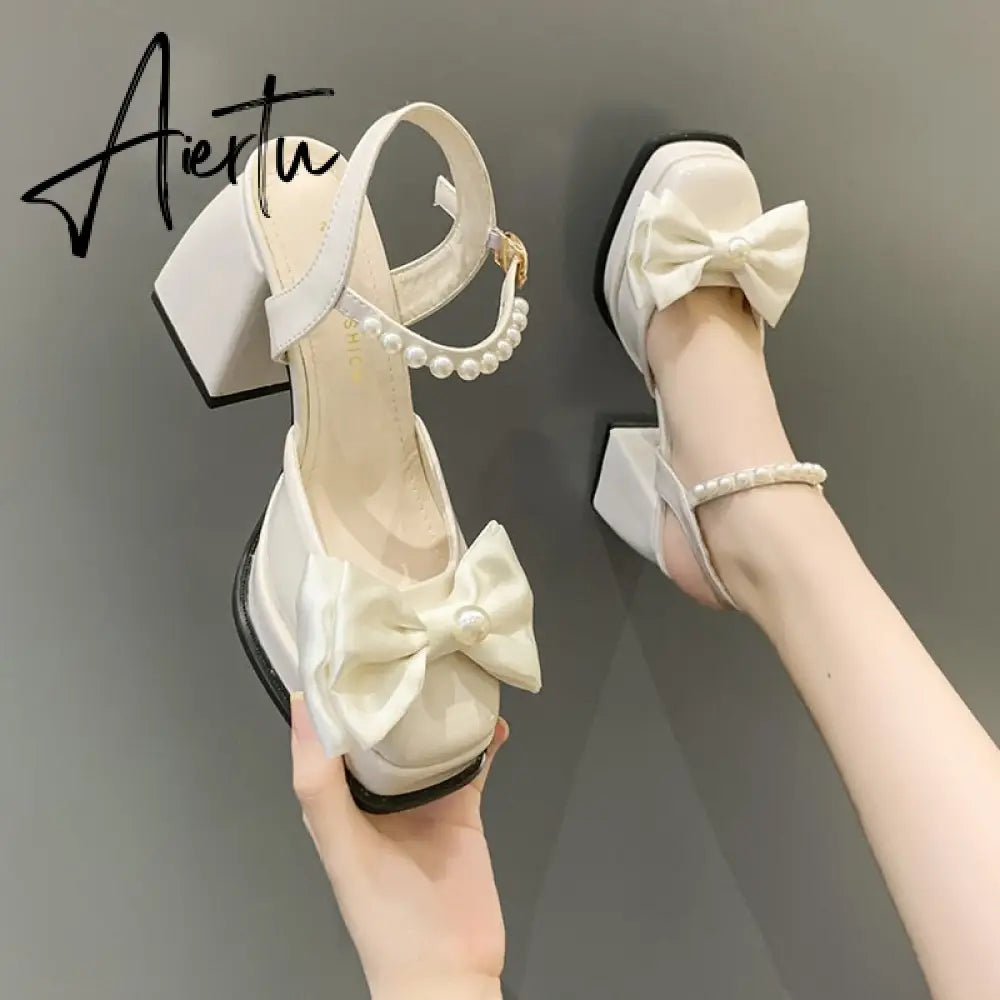 Aiertu New Women Fashion High Heels Womens Spring Korean Style Versatile Closed Toe Sandals Mary Jane Chunky Heel Pumps Aiertu