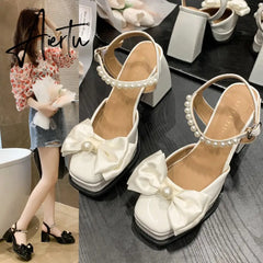 Aiertu New Women Fashion High Heels Womens Spring Korean Style Versatile Closed Toe Sandals Mary Jane Chunky Heel Pumps Aiertu