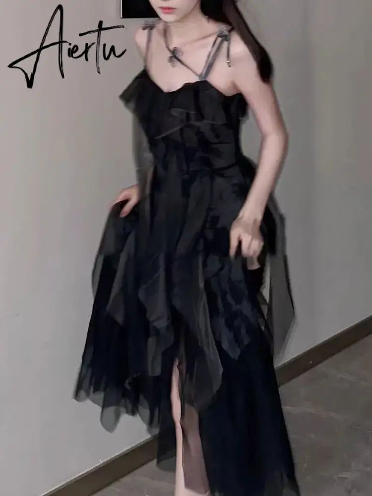 Aiertu NEW Women Gothic Ruffle autumn Sleeveless Midi Dress Mesh Party Dress Female Solid prom Dress vestidos para Aiertu