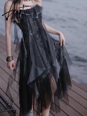 Aiertu NEW Women Gothic Ruffle autumn Sleeveless Midi Dress Mesh Party Dress Female Solid prom Dress vestidos para Aiertu