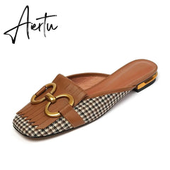 Aiertu New Women Patchwork Slippers Genuine Leather High Heel Muels Slippers Sqaure Toe Mules Ladies Casual Summer Shoes Slippers Aiertu