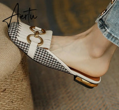 Aiertu New Women Patchwork Slippers Genuine Leather High Heel Muels Slippers Sqaure Toe Mules Ladies Casual Summer Shoes Slippers Aiertu