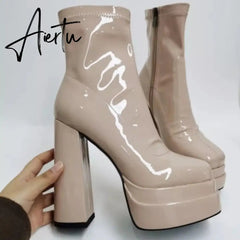 Aiertu New Women Platform Boots Chunky Heels Designer Shoes For Women Motorcycle Boots Side Zipper Women's Ankle Botas Femininas Aiertu