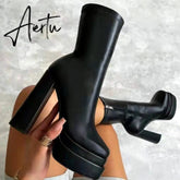 Aiertu New Women Platform Boots Chunky Heels Designer Shoes For Women Motorcycle Boots Side Zipper Women's Ankle Botas Femininas Aiertu