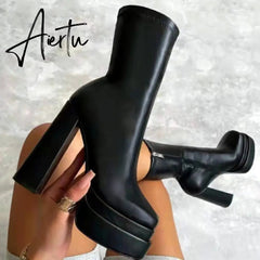 Aiertu New Women Platform Boots Chunky Heels Designer Shoes For Women Motorcycle Boots Side Zipper Women's Ankle Botas Femininas Aiertu
