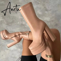 Aiertu New Women Platform Boots Chunky Heels Designer Shoes For Women Motorcycle Boots Side Zipper Women's Ankle Botas Femininas Aiertu