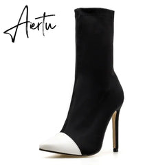 Aiertu New Women Sock Boots Pointed Toe Elastic High Boots Slip On High Heel Ankle Boots Women Pumps Stiletto Botas Aiertu