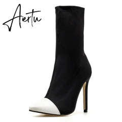 Aiertu New Women Sock Boots Pointed Toe Elastic High Boots Slip On High Heel Ankle Boots Women Pumps Stiletto Botas Aiertu