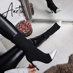 Aiertu New Women Sock Boots Pointed Toe Elastic High Boots Slip On High Heel Ankle Boots Women Pumps Stiletto Botas Aiertu